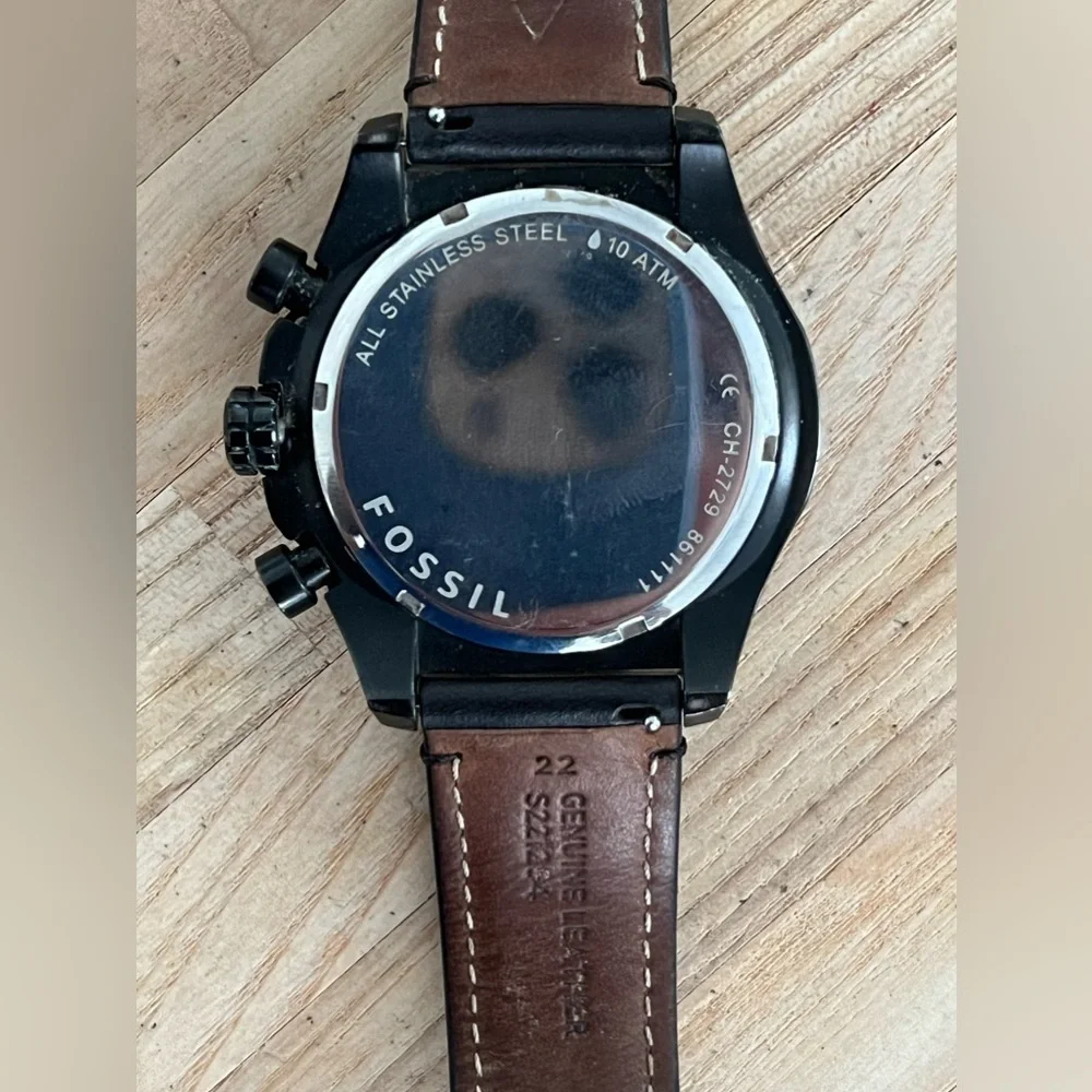 Fossil Men’s Watch Chronograph Black Leather Strap Black Dial Stainless Case
